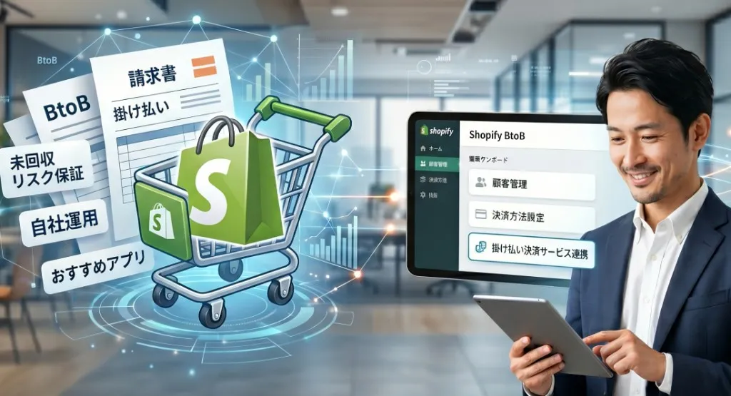 Shopify BtoBの掛け払い・請求書払い導入を示すビジネスパーソンと決済フローのイメージ