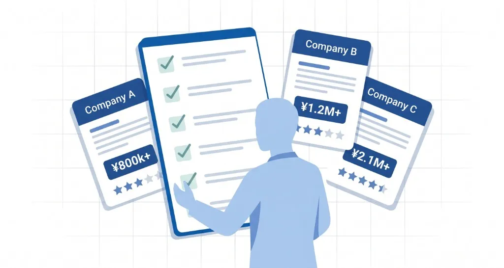 Shopify BtoB開発会社の選定と費用相場を比較するイメージ